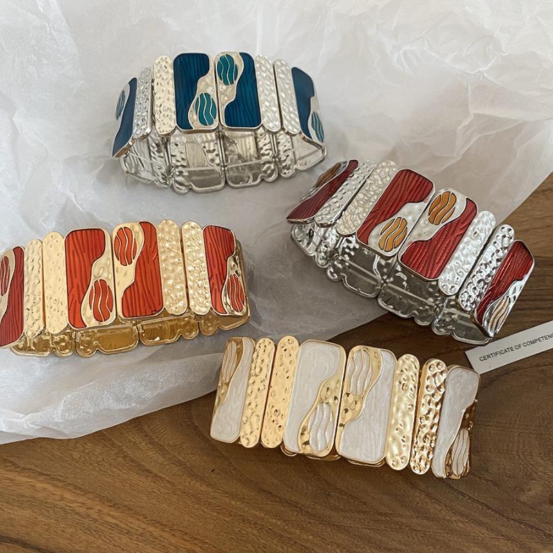 Women Stylish Bangles Two Tone Enamel Printed Spliced Square Geometric Chunky Gold Silver Metal Elastic Popular Bracelets