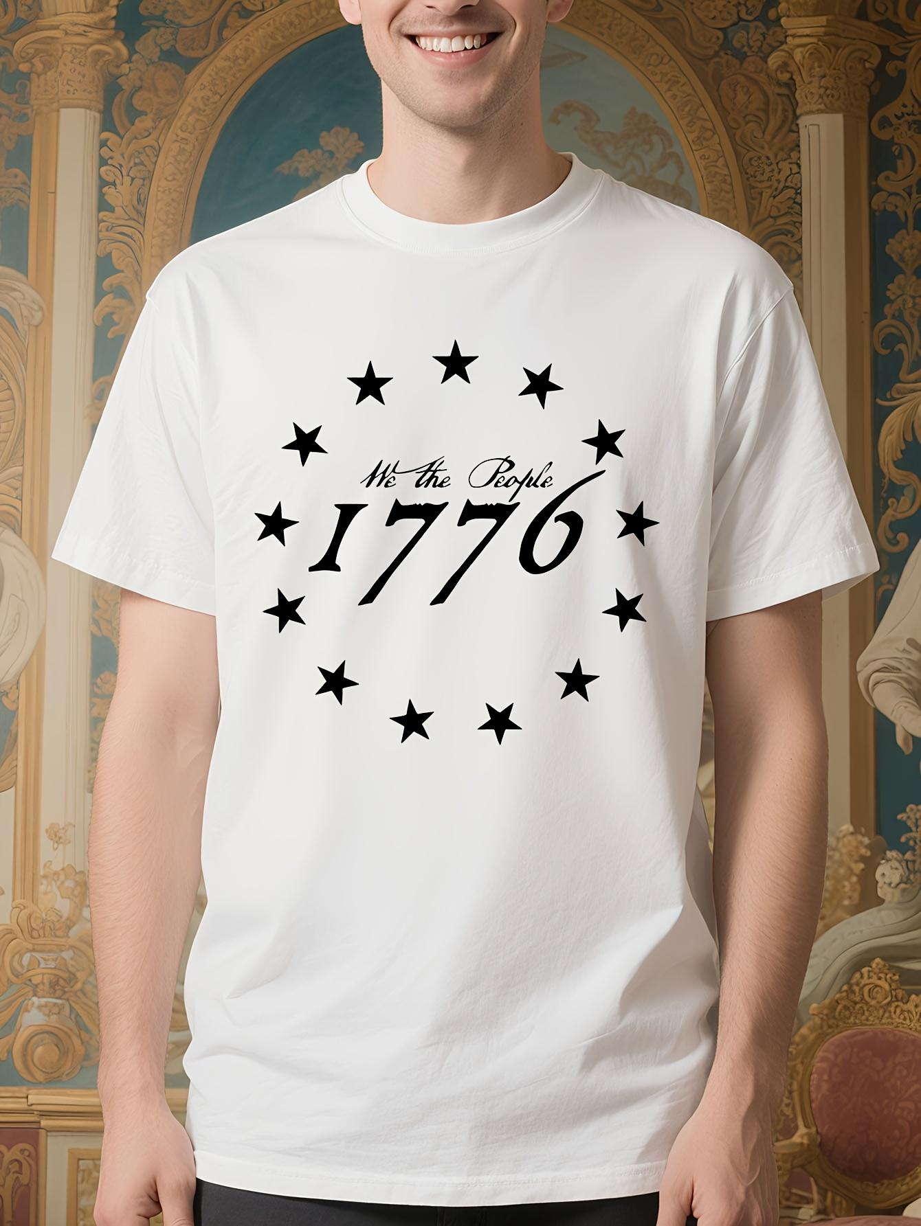 Crew Neck Tshirt - White with Bold 1776 Stars Print - Pat... M