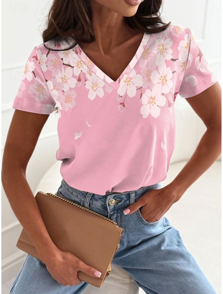 Sommer Neues Damen-T-Shirt Y2k Damen-T-Shirt 3D Farbverlauf Blumenprint V-Ausschnitt Kurzarmhemd Mode Damen T-Shirt Kleidung