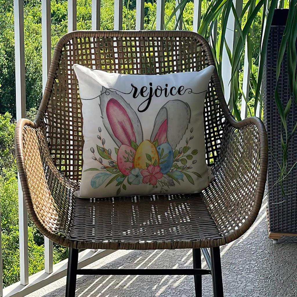 Fahrendom Happy Easter Eggs Bunny Decorative Throw Pillow Cover 18x18 Set of 4, Religious Rejoice Rabbits Carrot Flower Blessings Outdoor Pillowcase,