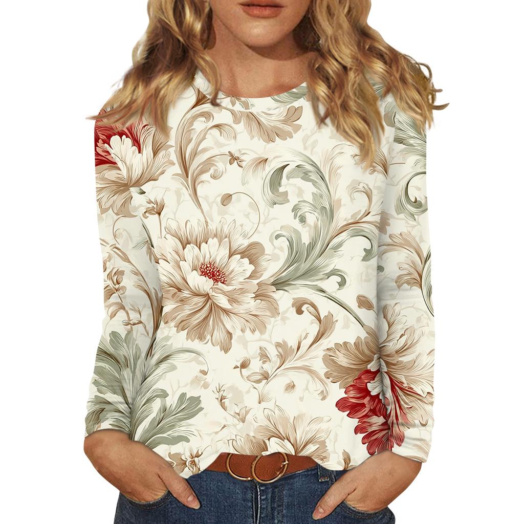 Dámská móda Květinový potisk Krk Dlouhý rukáv Pulovr Top