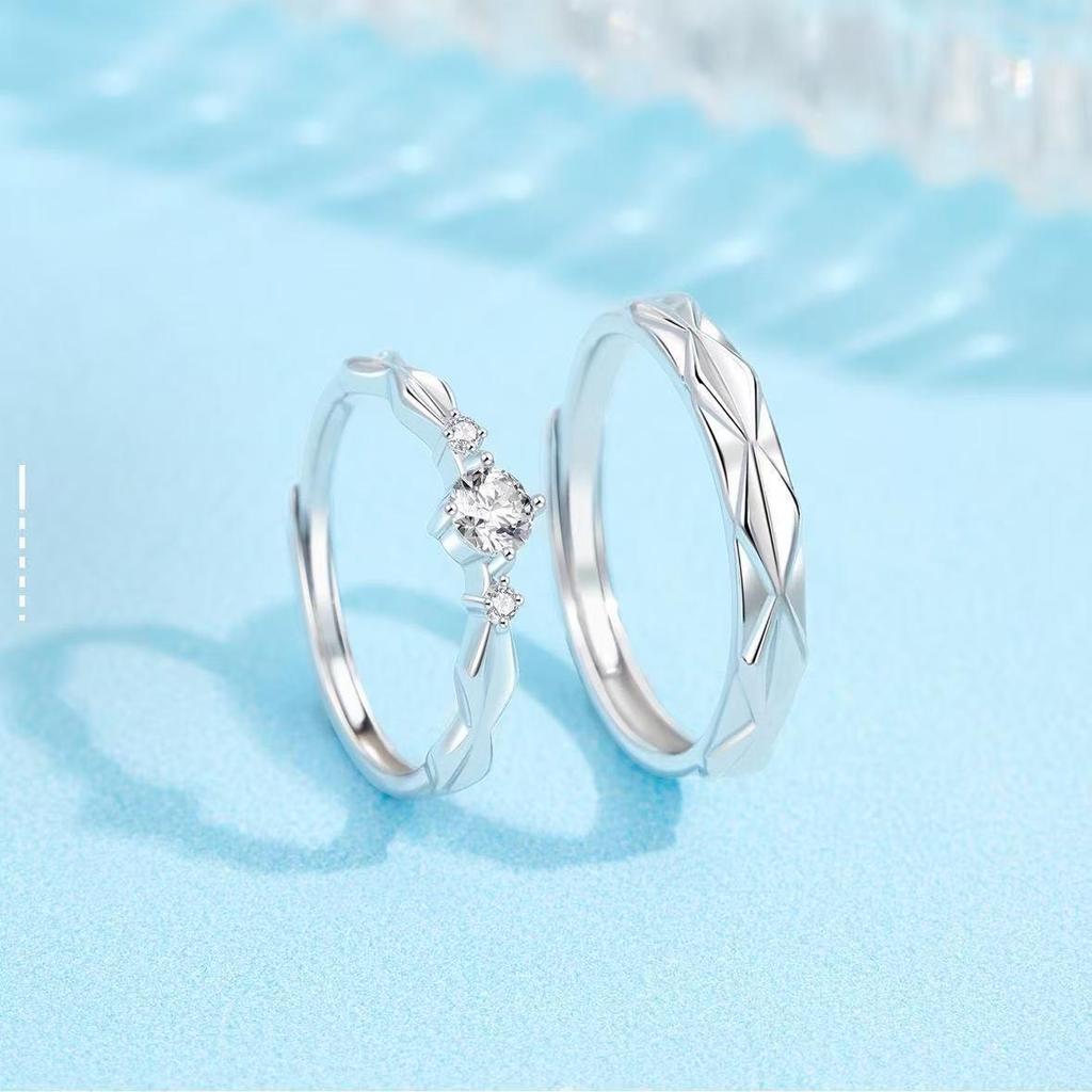 Love's Promise Platinum Gold Couple's Ring: 999 Sterling Silver Plated, Open Design with Entwined Threads and Simple Diamond Accents.