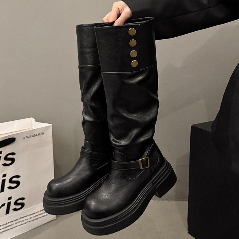 Black Tall Boots Summer Thick-soled Boots Women's 2025 New Thin and Tall Small Thick-legged Knight Boots