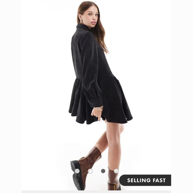 

Big Long Legs Super Fairy Youth Style Corduroy Spring Long Sleeve Layered Swing Dress Black 8