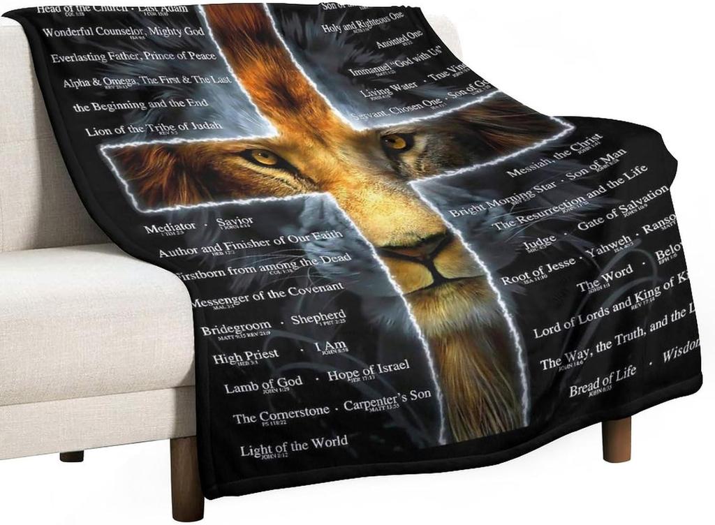 Christian Lion Scripture Jesus Throw Blanket for Women Men Kids Adults, Soft Warm Cozy Fleece Blanket for Couch Sofa Bed