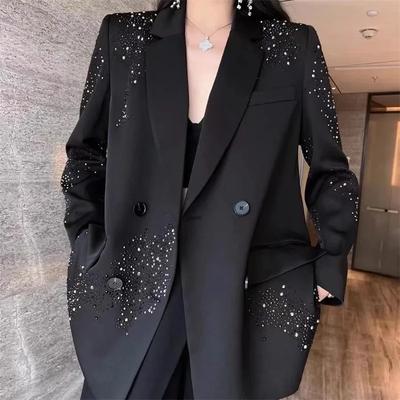 Schwarze Hochwertige Strass Kleine Anzugjacke Damenmäntel Frühling Herbst Zweireihig Locker Lässig Mode Blazer