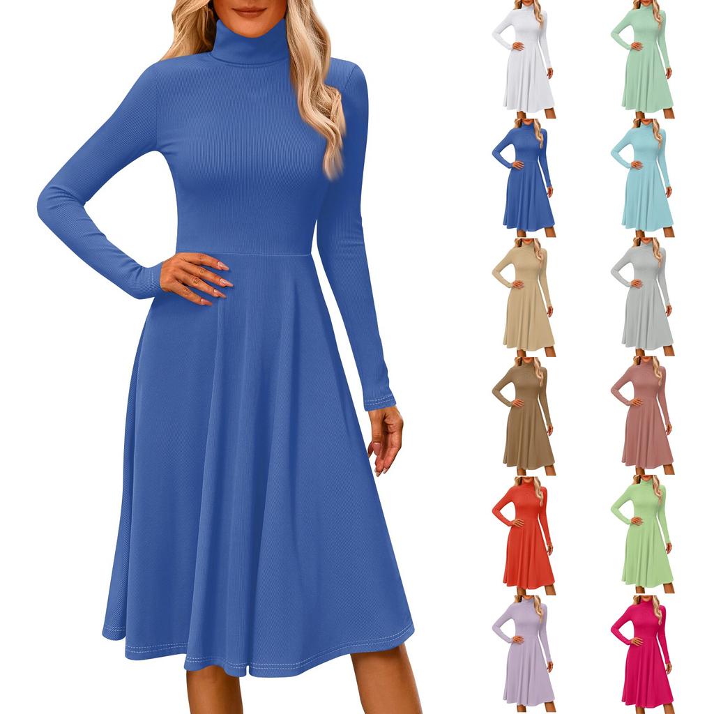 Women's Casual Fashion High Neck Long Sleeve Color Midi Dress
