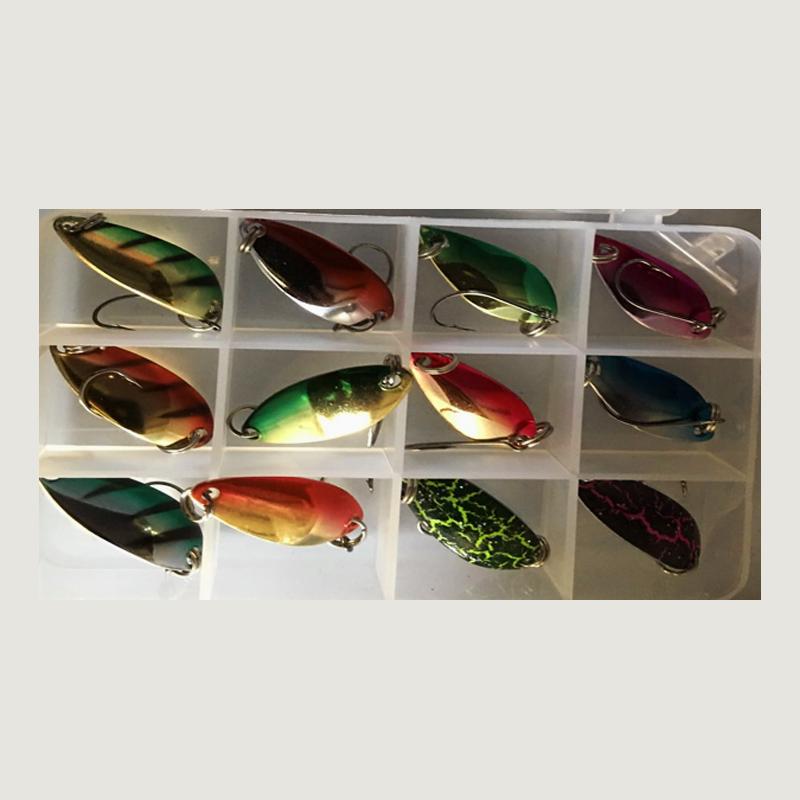 12 Stück Mini-Angelköder, Fisch, Forelle, Angelköder, bunt, mit Einzelhaken, Spinnköder