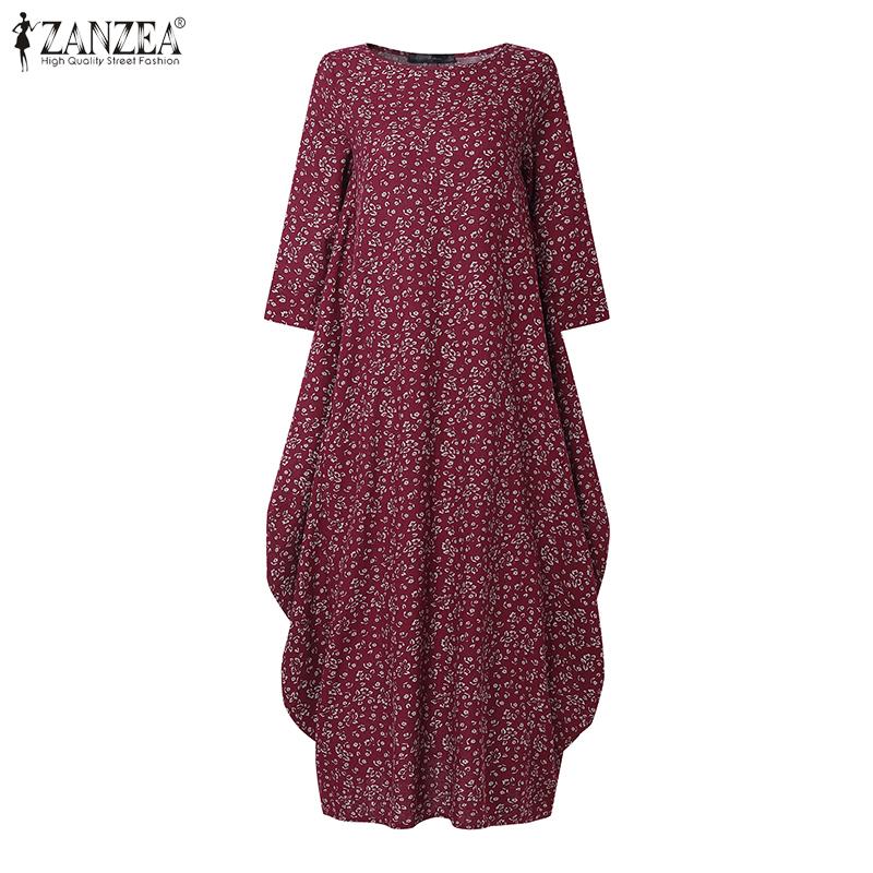 ZANZEA Women Floral Print Casual Round Neck 3/4 Sleeve Cotton Dress