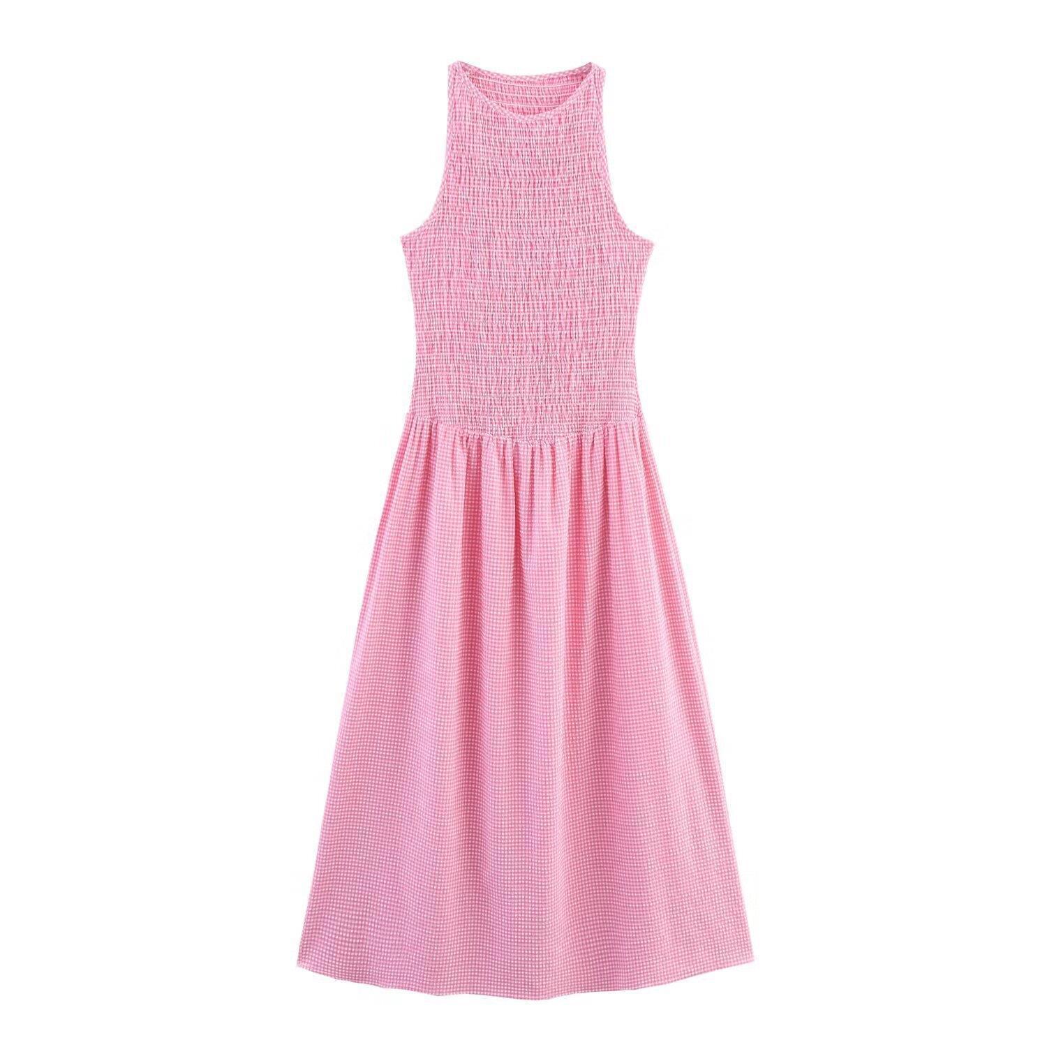

SAW Sleeveless Plaid Summer Dress with Round Neck Extra Small светло-розовый