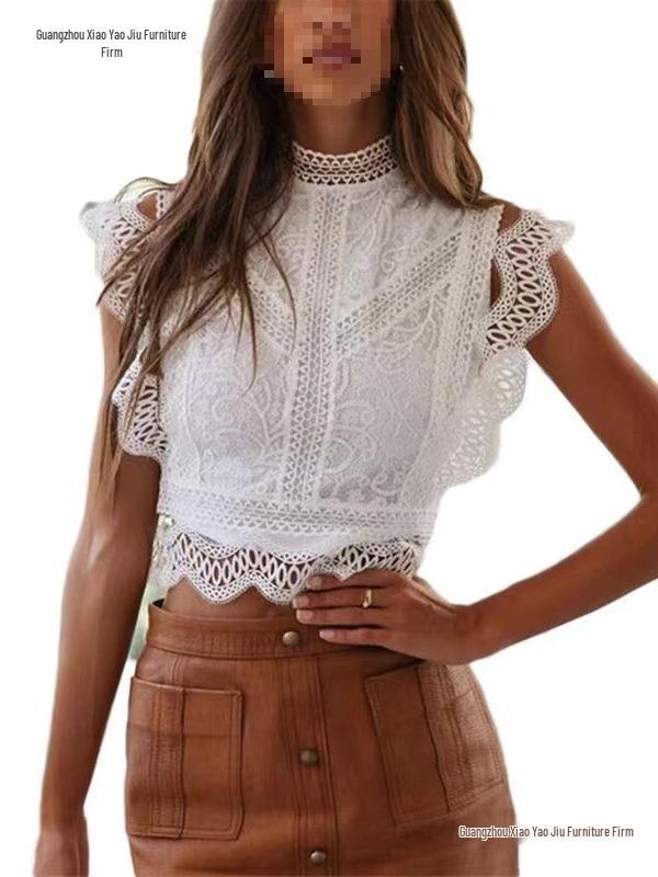 2026 Summer Hot Selling Sexy Hollow-Out Geometric Pattern Women's Lace Chiffon Top