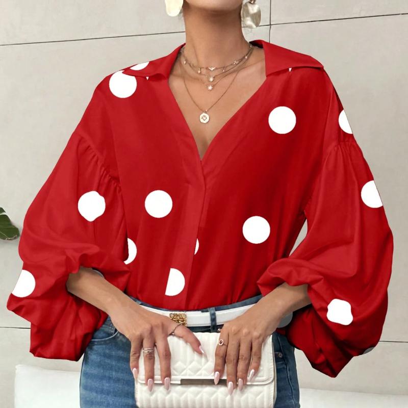 2025 New Style, Niche, French Polka Dot, Semi Open Neck Design, Loose Fit, Bubble Long Sleeved, Top, Autumn Women's Top, Autumn Interior Outfit