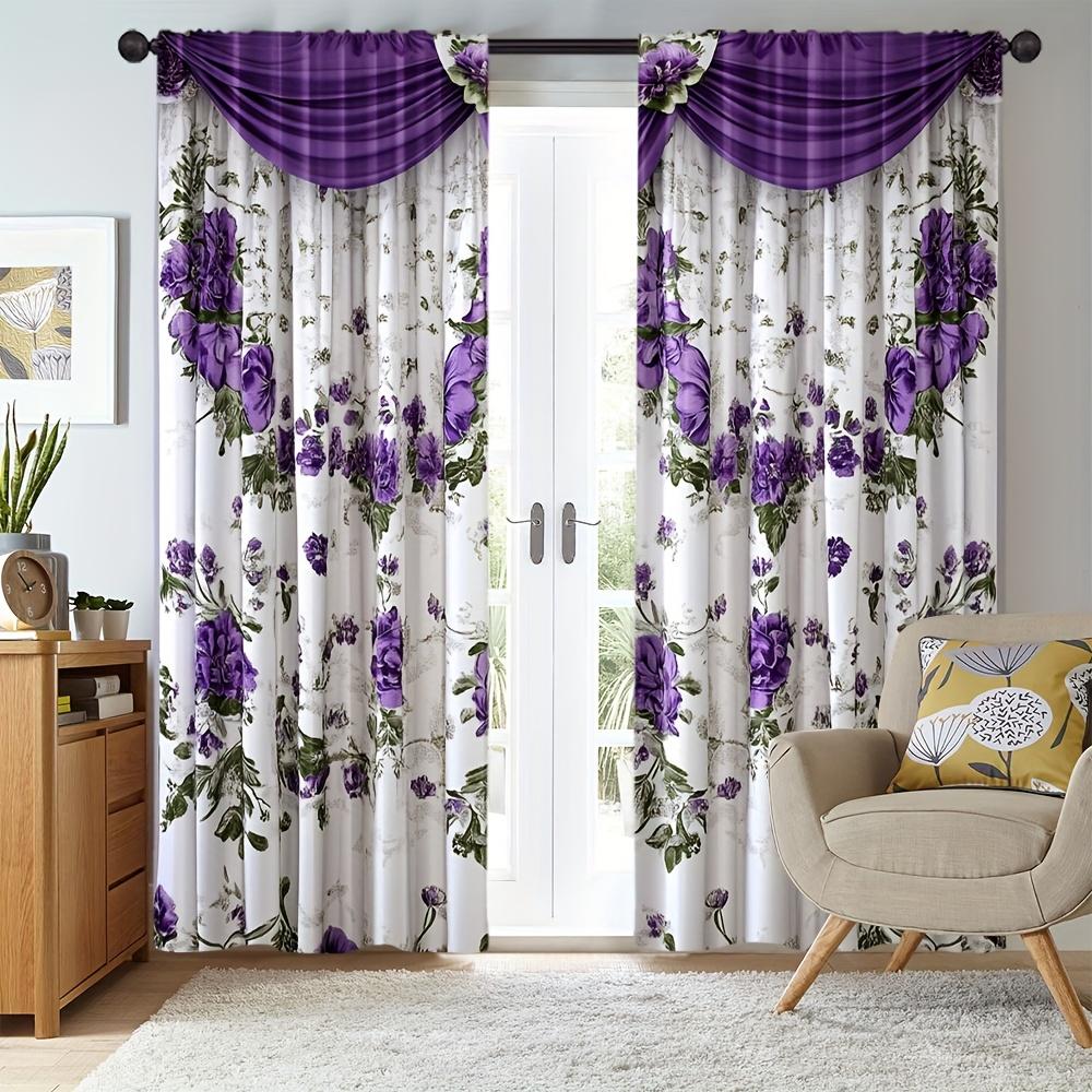 2 Pcs Purple Floral Print Curtains – Polyester Rod Pocket Design for All-Season Decor   Perfect for Bedroom Living Room & More