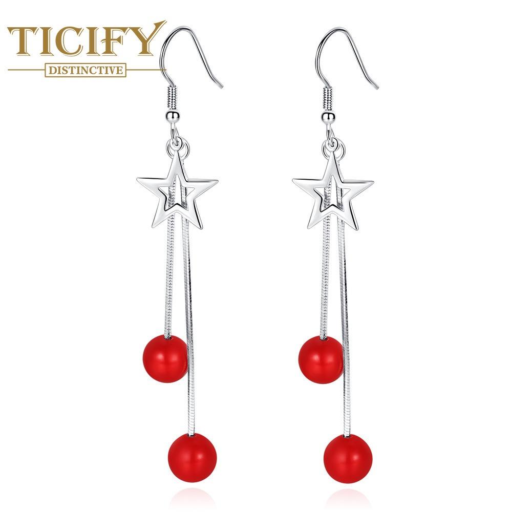 

Серьги средней длины с красным жемчугом в стиле деревенского ветра, пятиугольник, крючки для ушей, темперамент красный