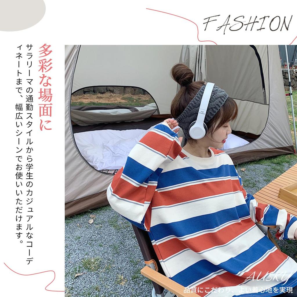 AUSKY Striped Round Long Solid Plus Sizes Loose Athletic Korean Perfect for Spring Women's Sweatshirt, Pullover, Cotton, Neck, Sleeves, Color,