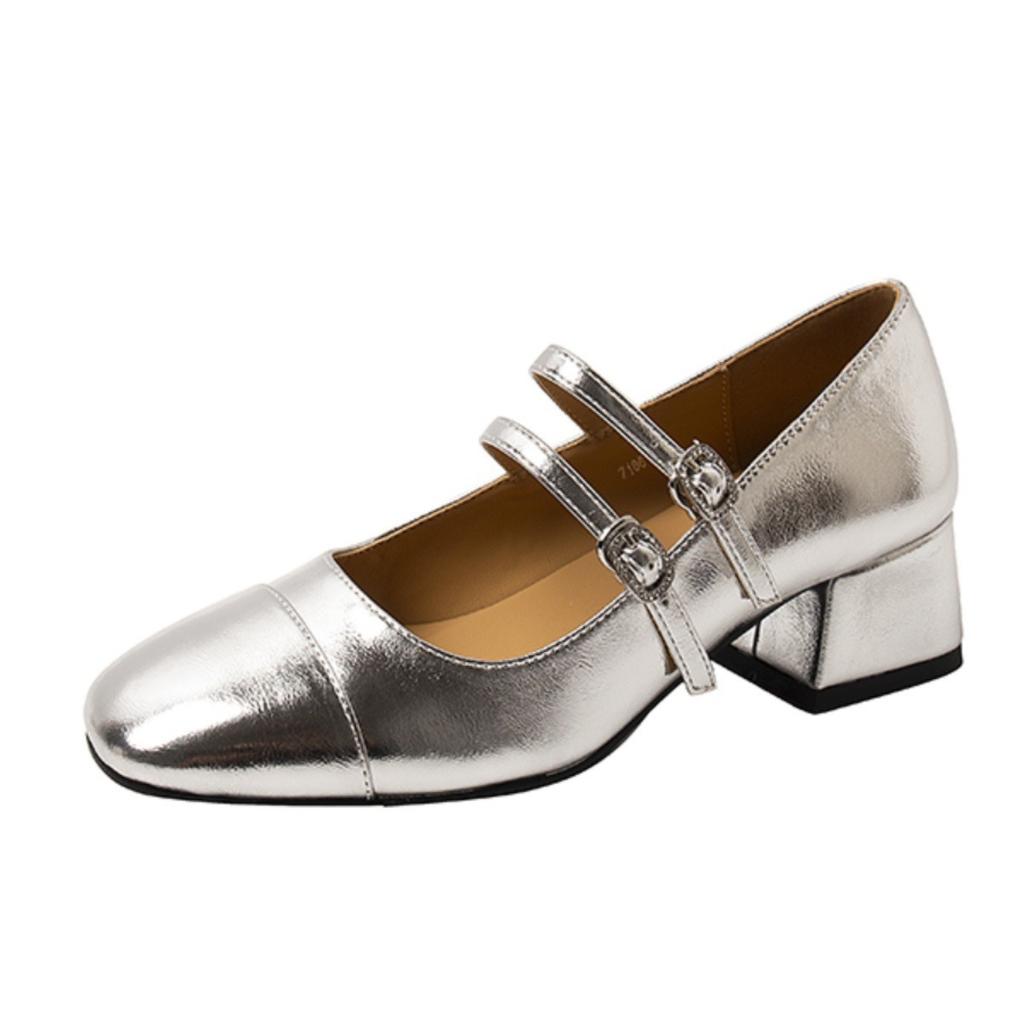 French retro silver single shoe women's thick heel 2025 spring and autumn square toe shallow mouth straight buckle shoes