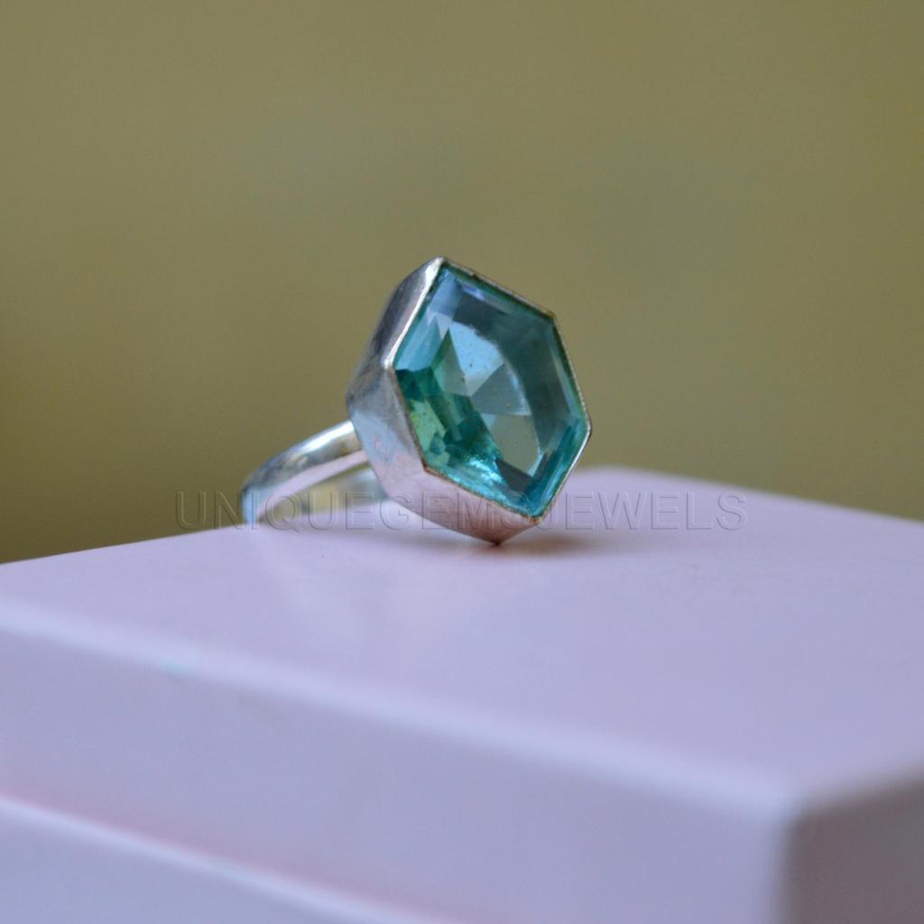 Hexagon Shape Aquamarine Quartz 925 Sterling Silver Ring Jewelry, Light Aquamarine Statement Wedding Gift Ring