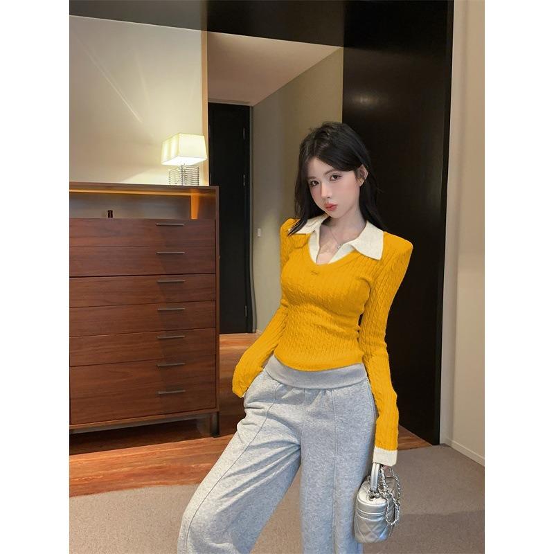 Contrast Color Fake Two-piece Stitching V-neck Sweater Women's Winter Sweater Design Bottoming Top