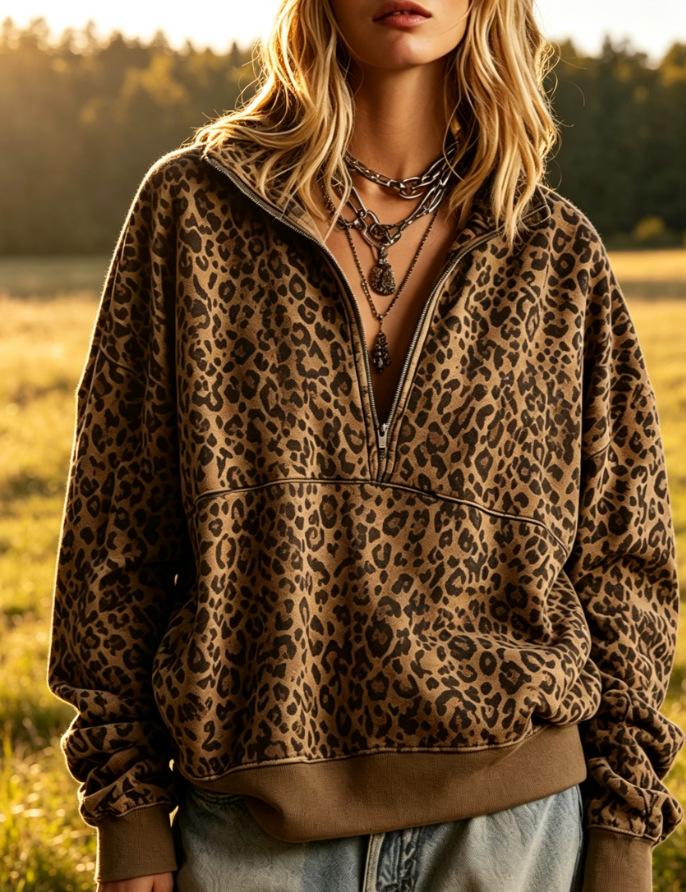 Women's Loose Fit Leopard Print Hoodie Sweatshirt for Casual Wear
