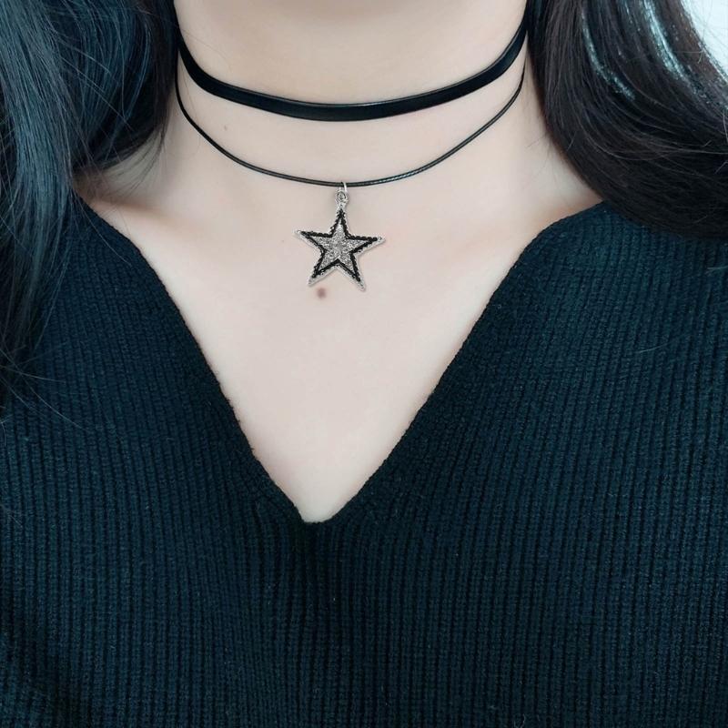 Niche Double Layer Leathers Rope Alloy Five-Pointed Star Necklace Female Hip-hop Cold Wind Long Sweater Neck Chain