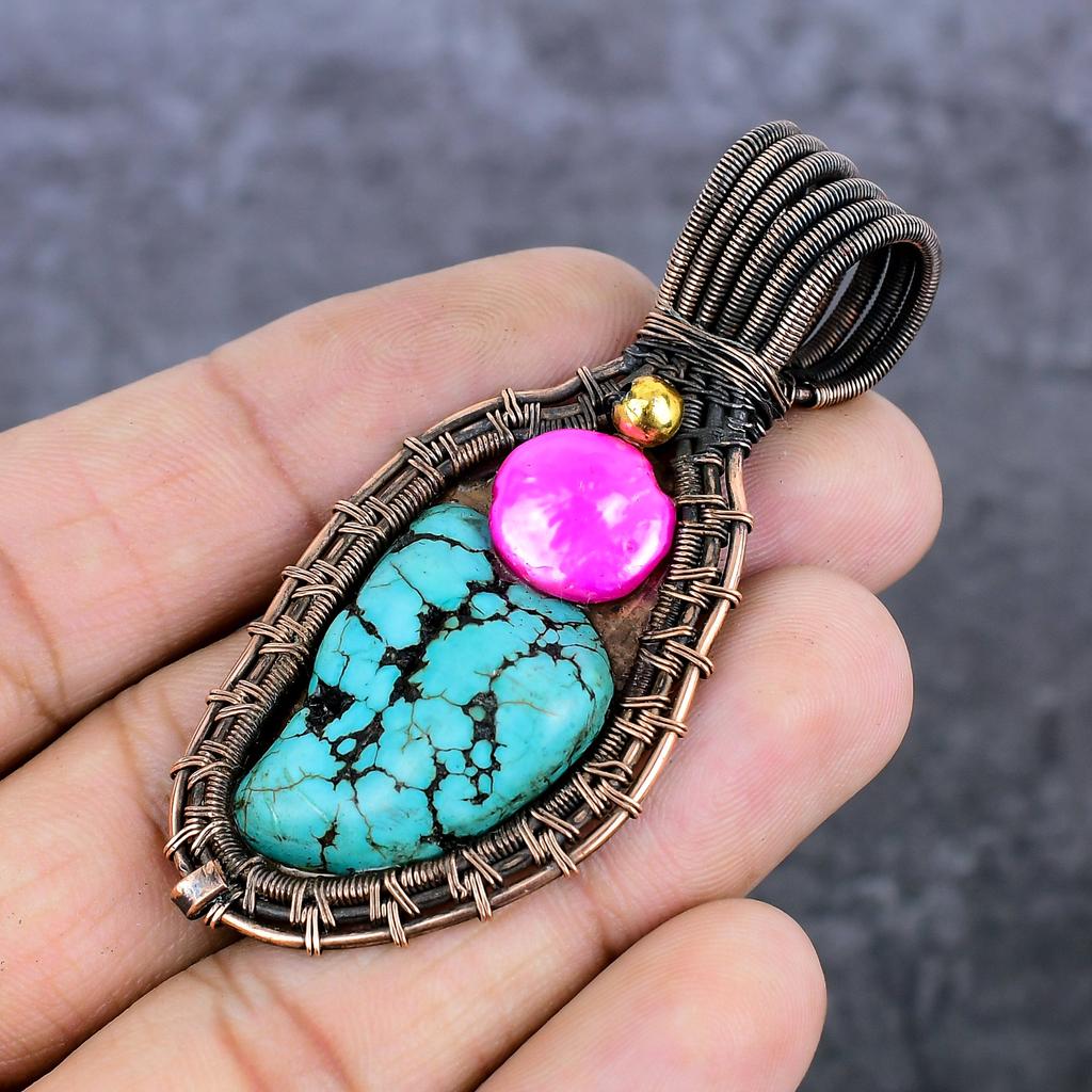 Natural Tibetan Turquoise, Shell Copper Wire Wrap Jewelry Pendant 2.84" Q9t43