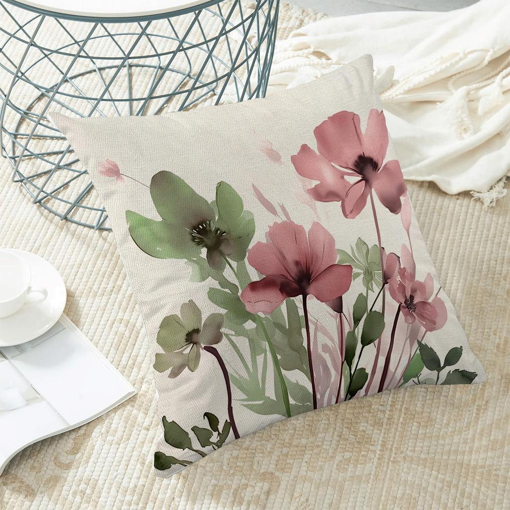 green Floral Pillow Cover Spring/Summer Country-Style Linen Blend Cushion Cover Universal for Living Room Sofa and Outdoor Use with Invisible Zipper