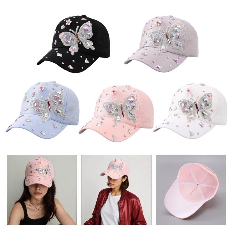 Stylish Rhinestones Baseball Hat for Women with Blingbling Butterfly Design and Sun Protective Duckbill for Everyday Wear
