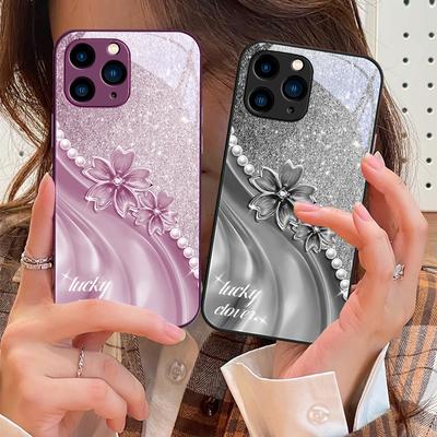 Creative Peach Blossom Purple For IPhone 16 Pro Max 15 Pro 14 13 12 Mini 11 XS Max XR 7 8 Plu SE 2022 Tempered Glass Phone Case