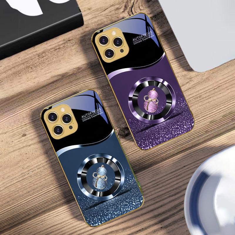 Goldene Glückskürbis Hülle für iPhone 16 16Pro Max 15 Pro 14 13 Plus 12 Mini 11Pro Max XS Max XR Goldene gehärtete Glas Handyhülle