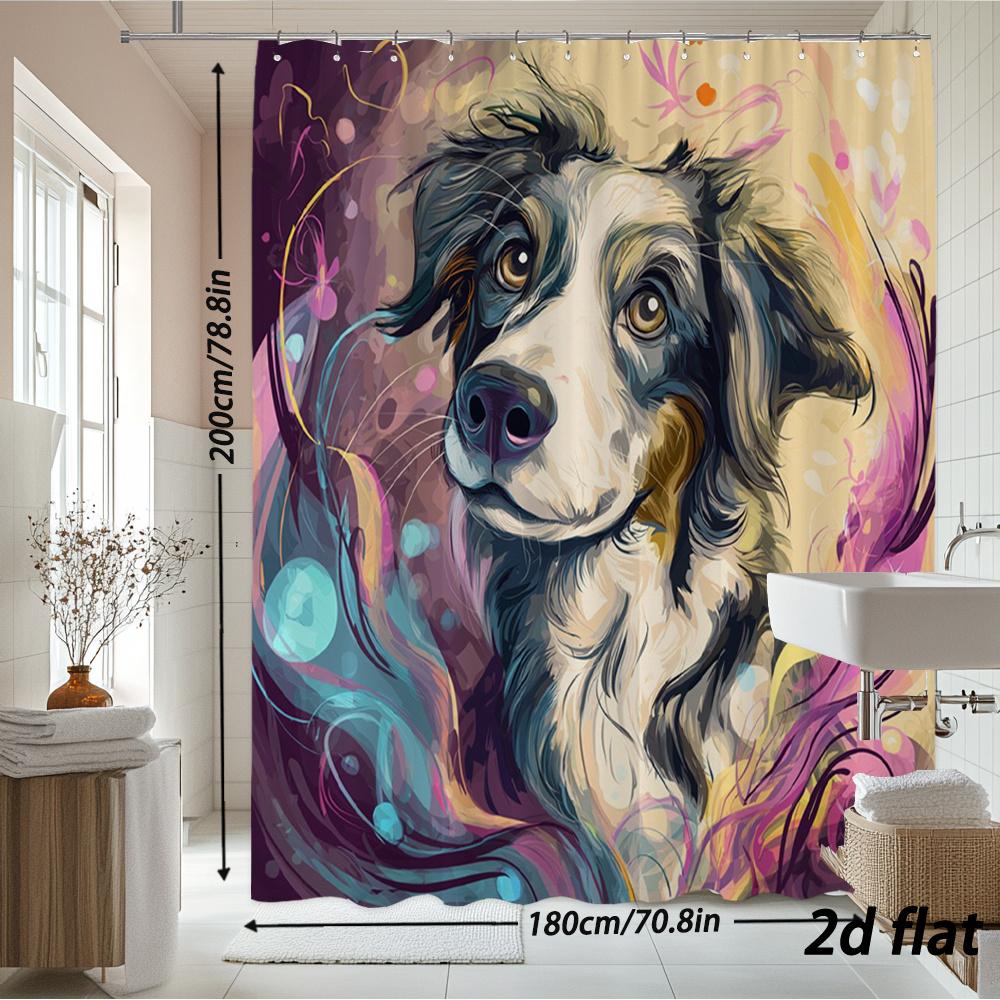 Artistic Dog Portrait Shower Curtain – Colorful Swirls, 2D Flat, 12 Hooks, 70.8×70.8 In, Polyester, Machine Washable