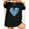 Kurzarm-T-Shirt für Damen mit herzförmigem Muster aus blauem Blumenprint