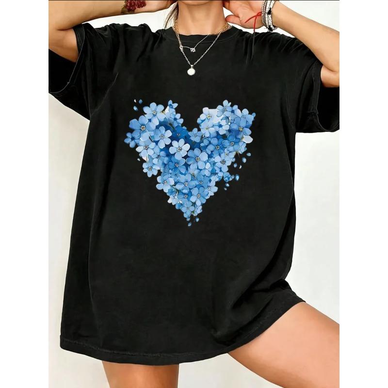Kurzarm-T-Shirt für Damen mit herzförmigem Muster aus blauem Blumenprint