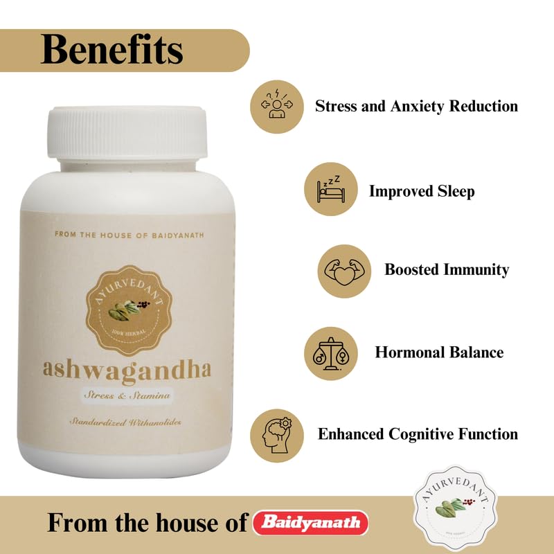 Baidyanath Asli Ayurved Jhansi Ayurvedant Ashwagandha Tablets 60 Count Stress Relief and Energy Support