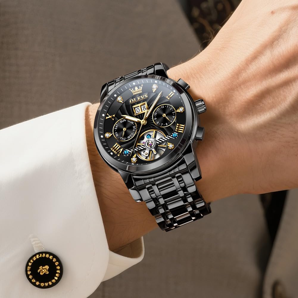 OLEVS Mechanical Automatic Moon Phase Watch Stylish Skeleton Waterproof Popular Luminous Watch for Men