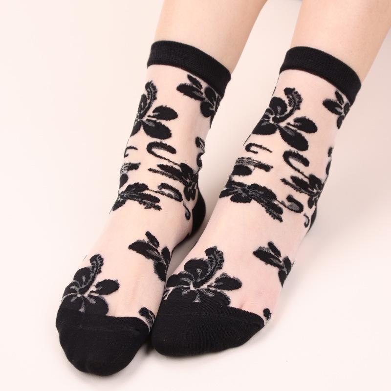 Summer Women Socks Ultra-thin Transparent Crystal Silk Socks Women Cartoon Print Japanese Kawaii Cute Funny Elastic Long Socks