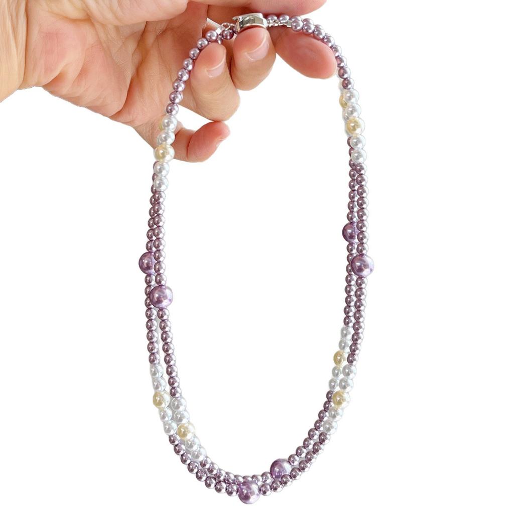 Maillard Style Vintage Mixed Purple Faux Crystal Pearl Necklace Collarbone Chain Sweater Chain