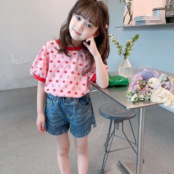 Girls Summer Short Sleeve T Shirt Korean Floral Print Cute Top