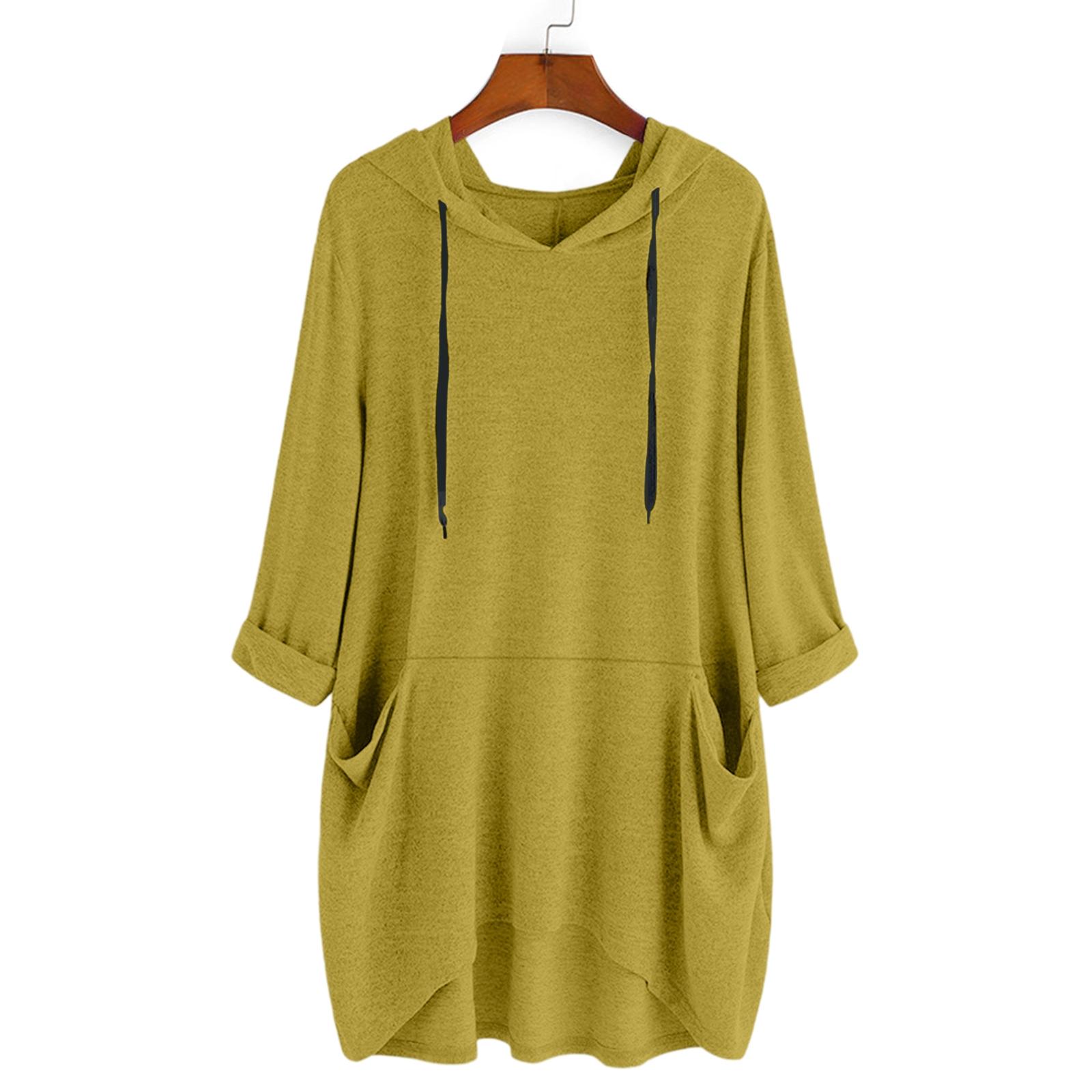 

Женский модный однотонный пуловер с длинным рукавом, карманом, длинный и свободный L жёлтый