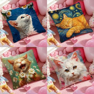 Cushion Cover Anti-dustmite Pillowcase Invisible Zipper Silky Short Plush Sofa Cushion Cover Cute Oil Painting Colorful Cat