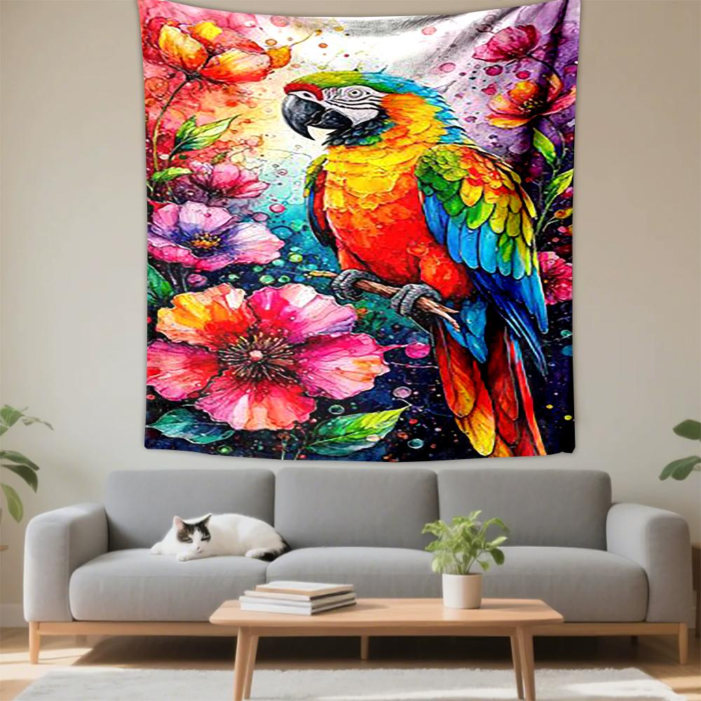 Colorful Parrot and Flowers Watercolor Art Patterned tapestry for bedroom and living room home decor