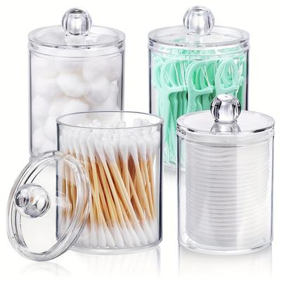 Paquete de 4 dispensadores de hisopos de algodón para bolas de algodón, hisopos de algodón, discos de algodón y palitos de hilo dental, organizador de cosméticos de plástico transparente pequeño para tocador