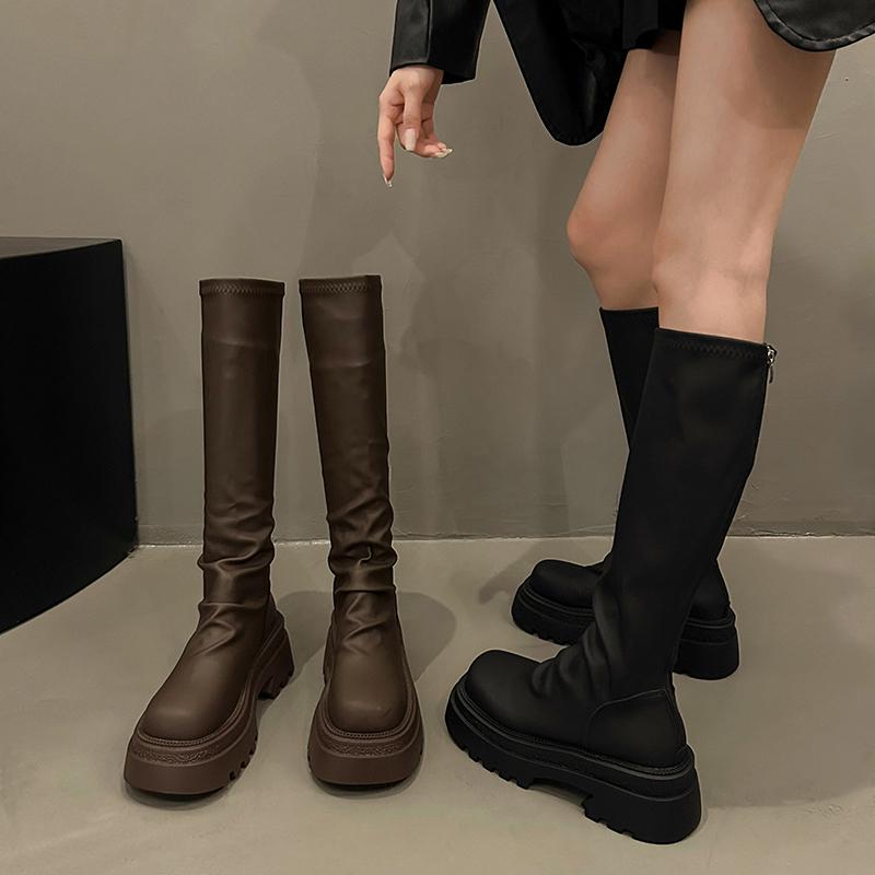 Chunky Women Knee High Boots Fashion Zipper Knight Long Booties Platform Flats Women Autumn Winter Shoes D459
