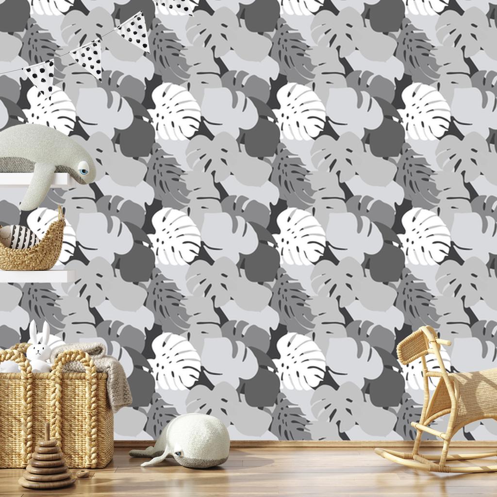 Tropical Leaves Wallpaper in Shades of Gray for Living Room and Bedroom 50x1000