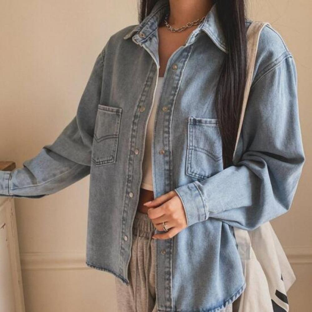 New Arrivals Open Run Loose Fit Cotton Spring Shirt Light Blue