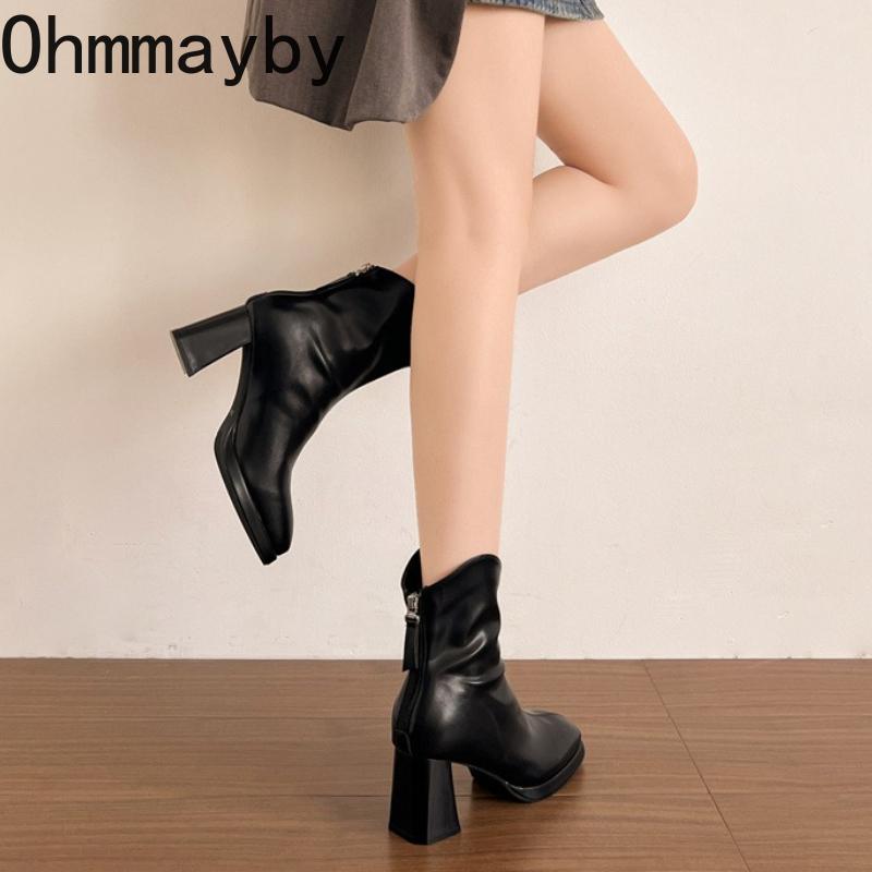 Winter Street Square Toe Women Ankle Thick High Top Heels Female Mordern Short Booties De Muje for Adult Women
