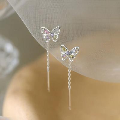 925 Silver Needle Zircon Butterfly Short Chain Tassel Stud Earrings For Women Classic Fine Jewelry Light Luxury Accessories