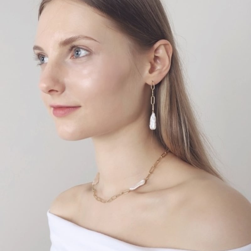 Ozel Silver925 Link Chains Natural Water Pearl Drop Earrings PS156E