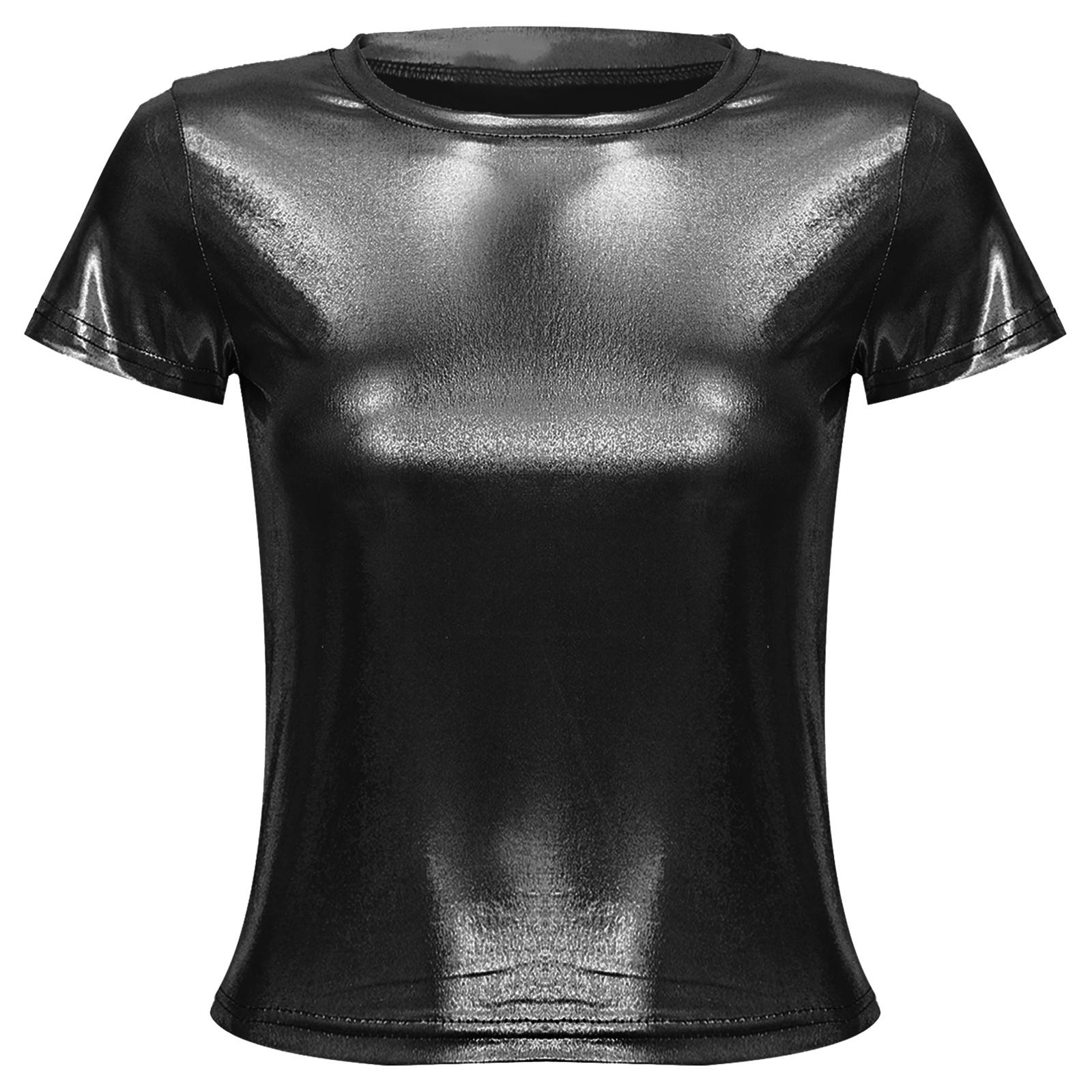

Жіноча вечірня футболка з металевим блиском, глянсова, з коротким рукавом, топ з круглим вирізом, світловідбиваючий танцювальний одяг для рейвів та фестивалів S чорний