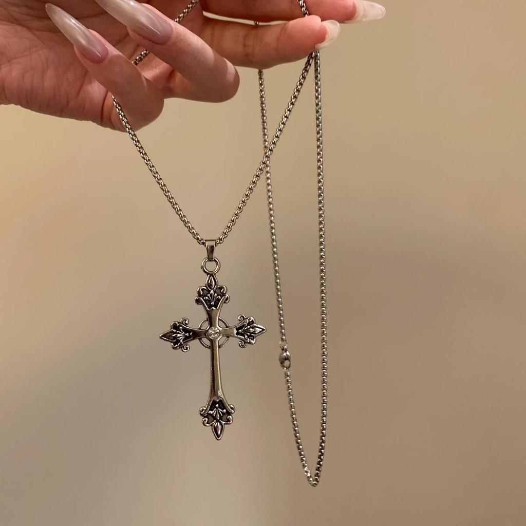 Korean Style Silver Rose Cross Necklace - Engraved Large Pendant with Sweater Chain.