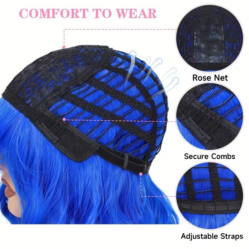 Bob Wig With Bangs 12 Inch Short Wavy Bob Wig Synthetic Blue Orange Pink Yellow Purple Red Wigs For Women Cosplay Halloween Daily Use